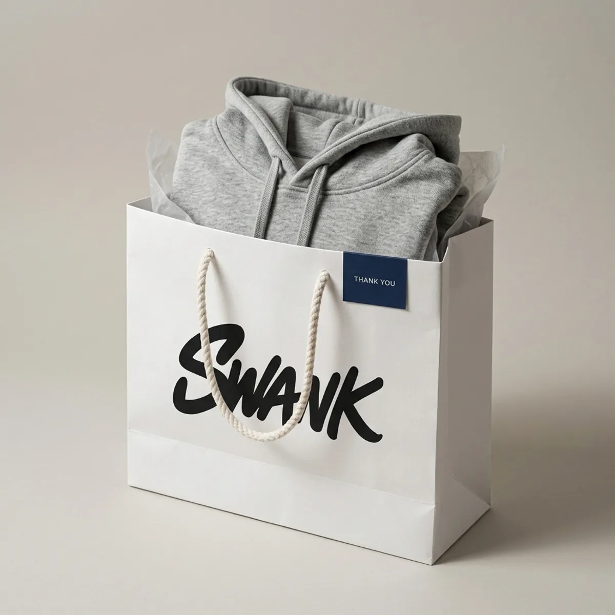 A folded SWANK hoodie in a white SWANK thank-you bag
