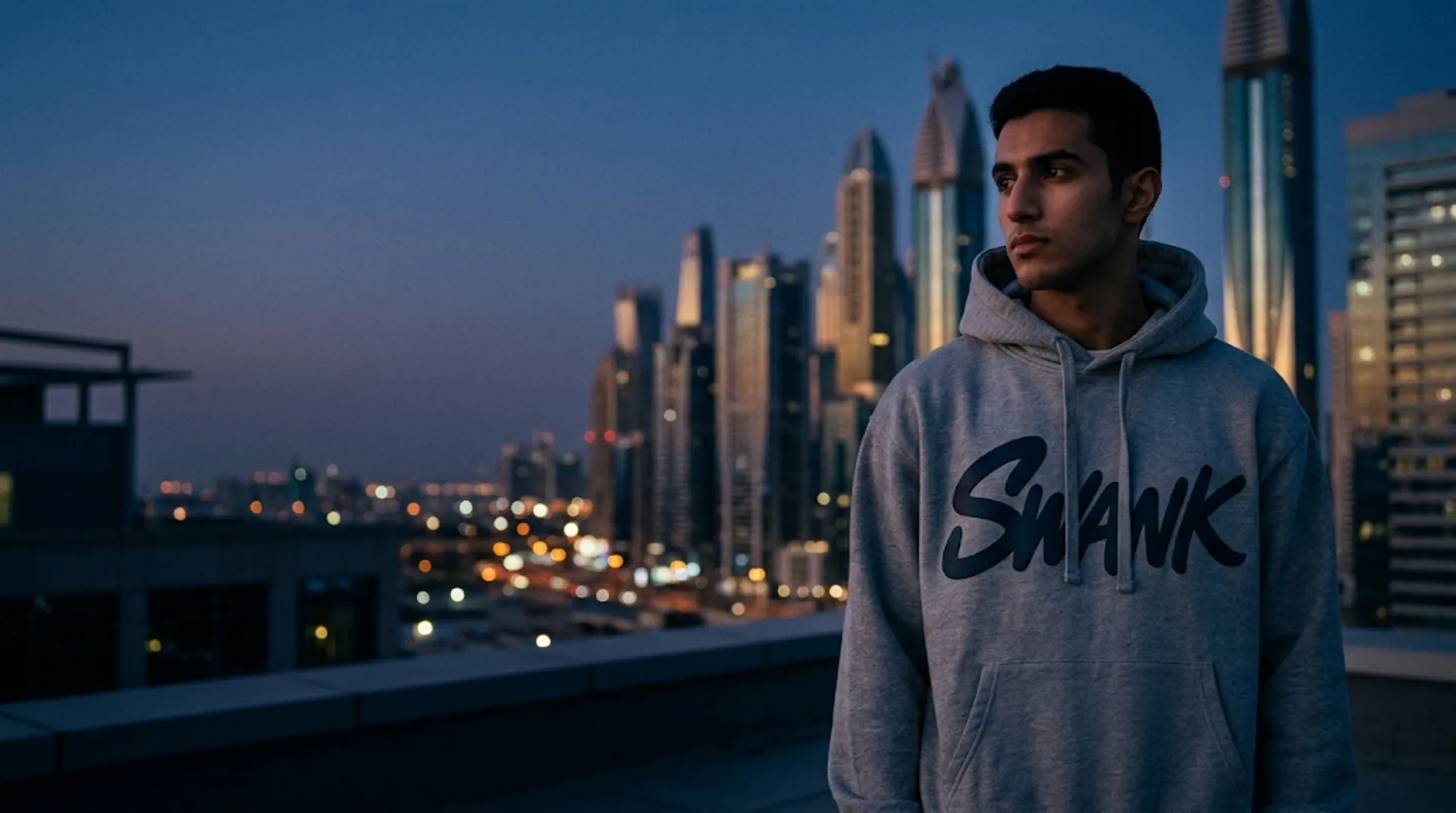 A guy in the heather grey SWANK hoodie on a Dubai rooftop at night